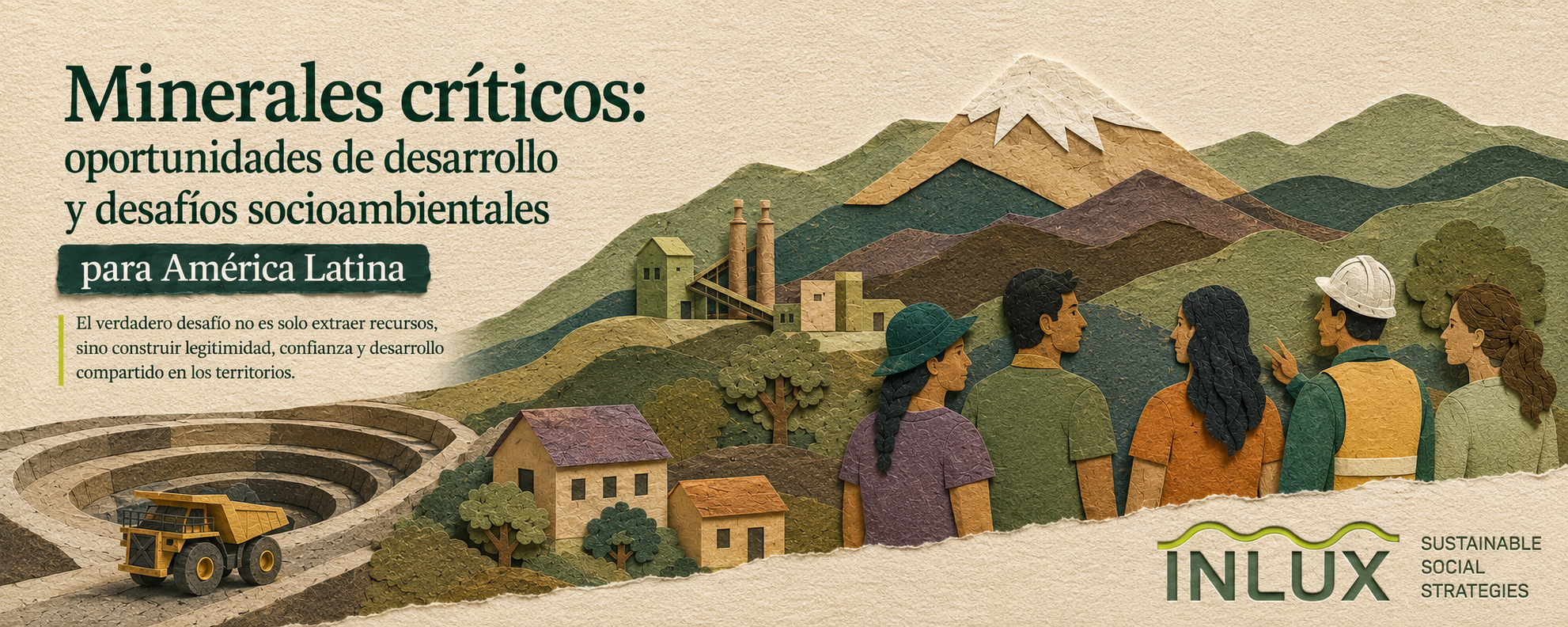 Ilustración de una operación minera y comunidades en América Latina sobre minerales críticos y desarrollo socioambiental, publicada por Inlux Sustainable Social Strategies.